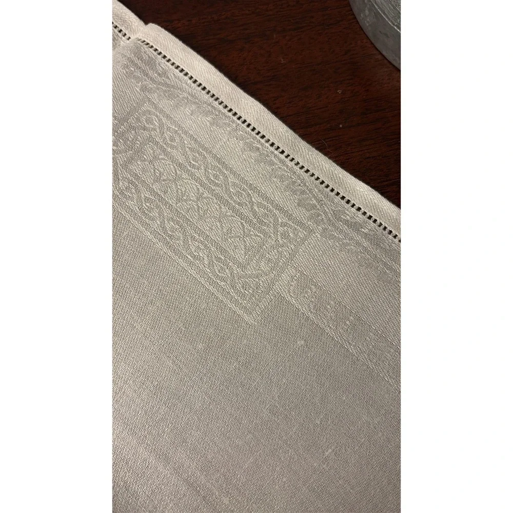 Vintage White Damask Napkins Hemstitched Fleur de Lis European Linen Set of 6
